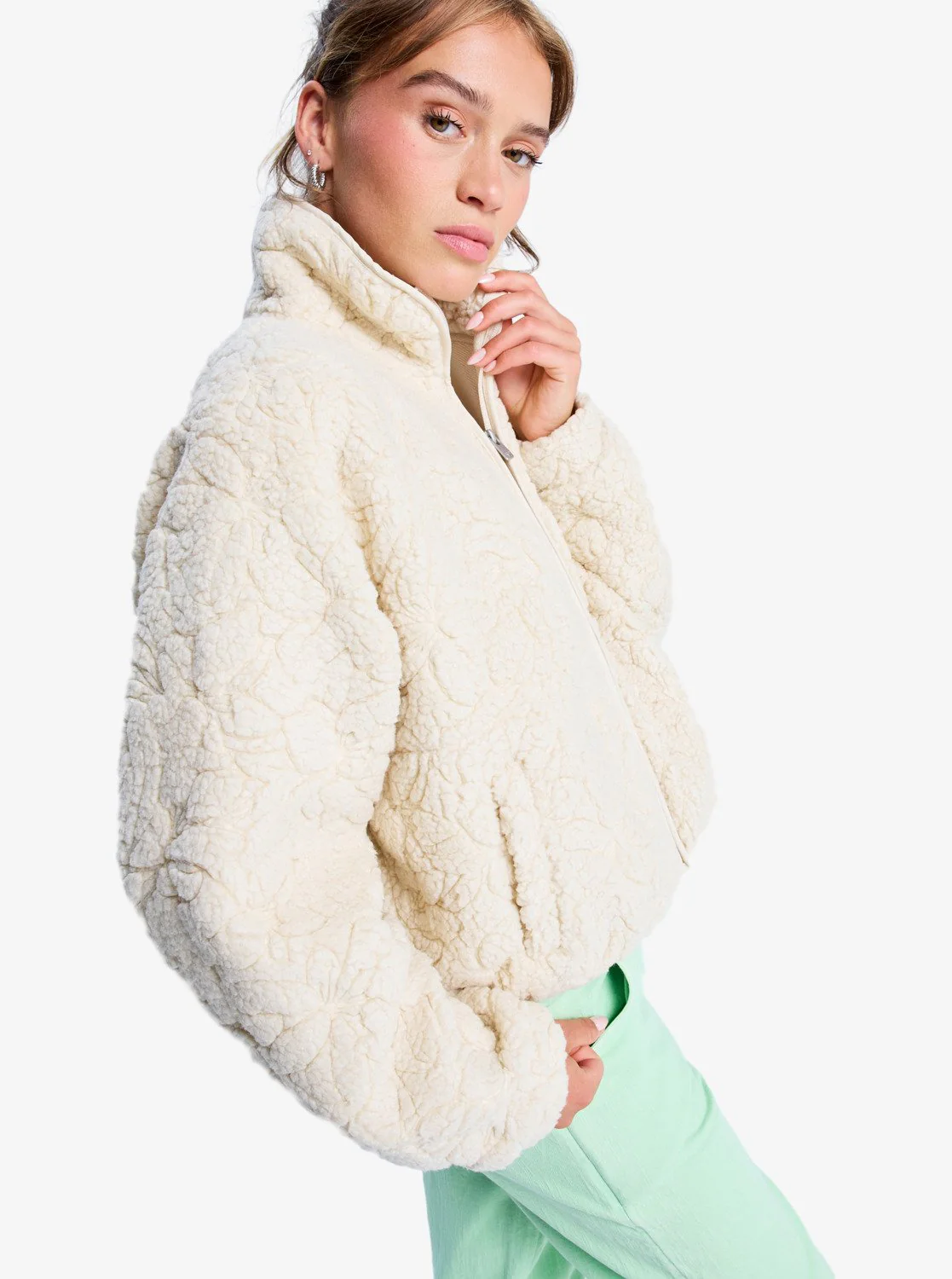 Roxy Women's Blurry Cloud Full Zip Relaxed Fleece Parchment ERJPF03212-TEC0 - Image 3