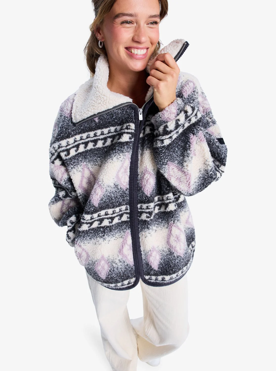 Roxy Women's Feels Like Winter Oversized Sherpa Zip Jacket Parchment ERJJK03676-XCGB - Image 2