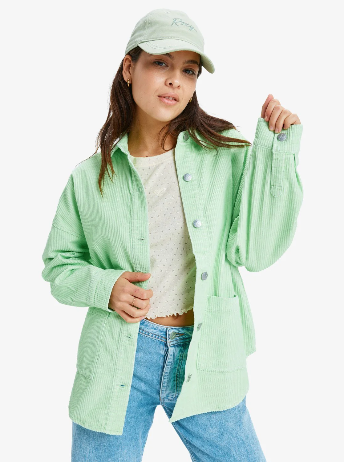 Roxy Women's Kick Back Washed Oversized Corduroy Jacket Pistachio Green ERJWT03697-GED0