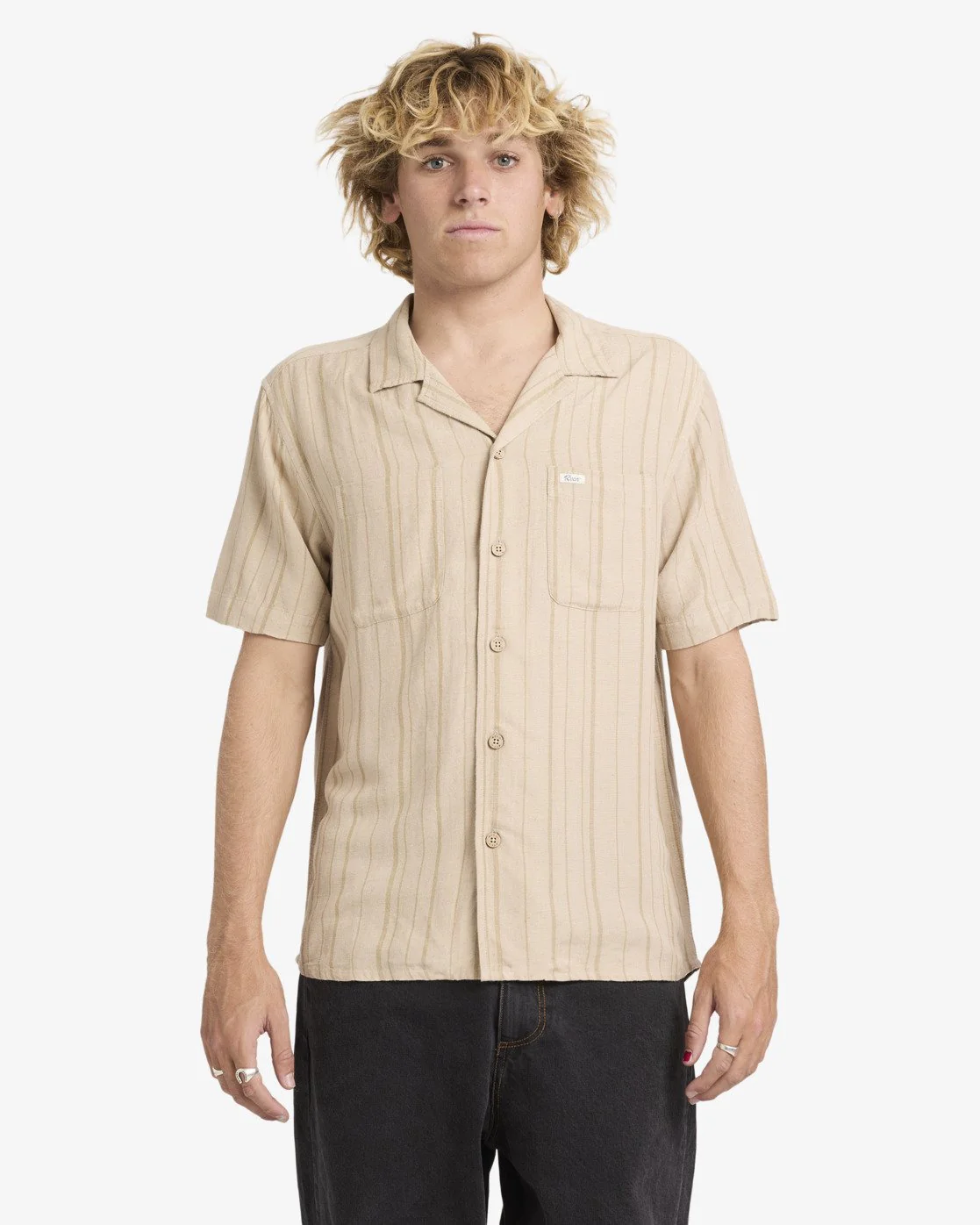 RVCA Men's Exotica Stripe Short Sleeve Shirt Light Khaki 23A041604-LKH