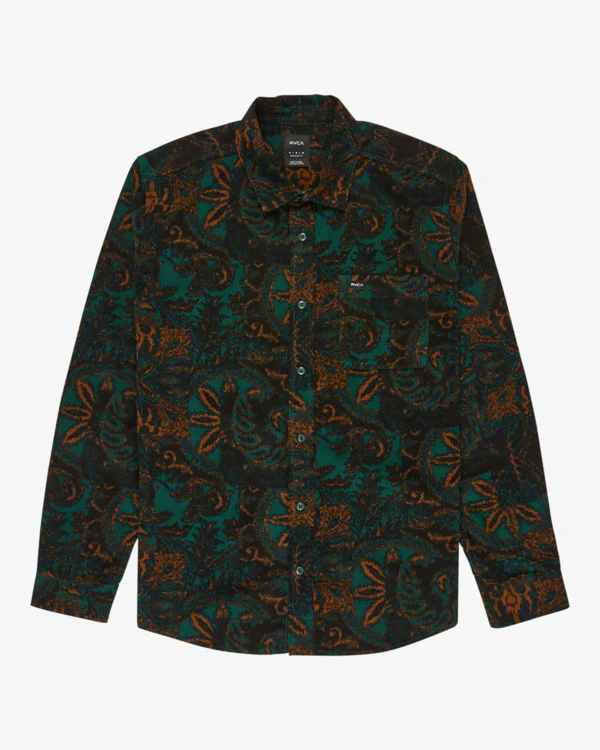 RVCA Men's Freeman Cord Print Li Long Sleeve Shirt Hunter Green Paisley EVYWT03000-GSV6