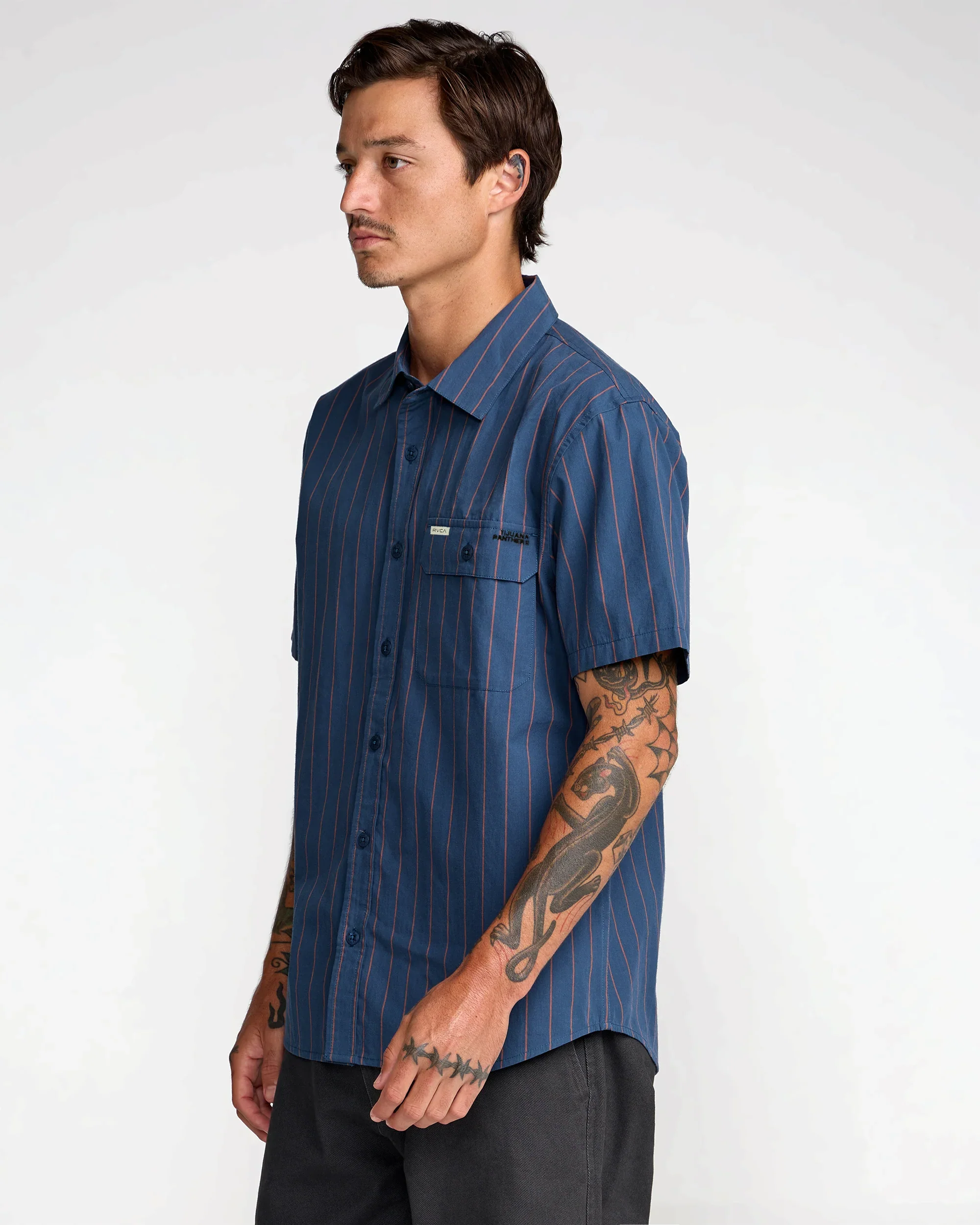RVCA Men's TJP Dayshift Stripe Short Sleeve Shirt Moody Blue 23A041600-MDY - Image 2
