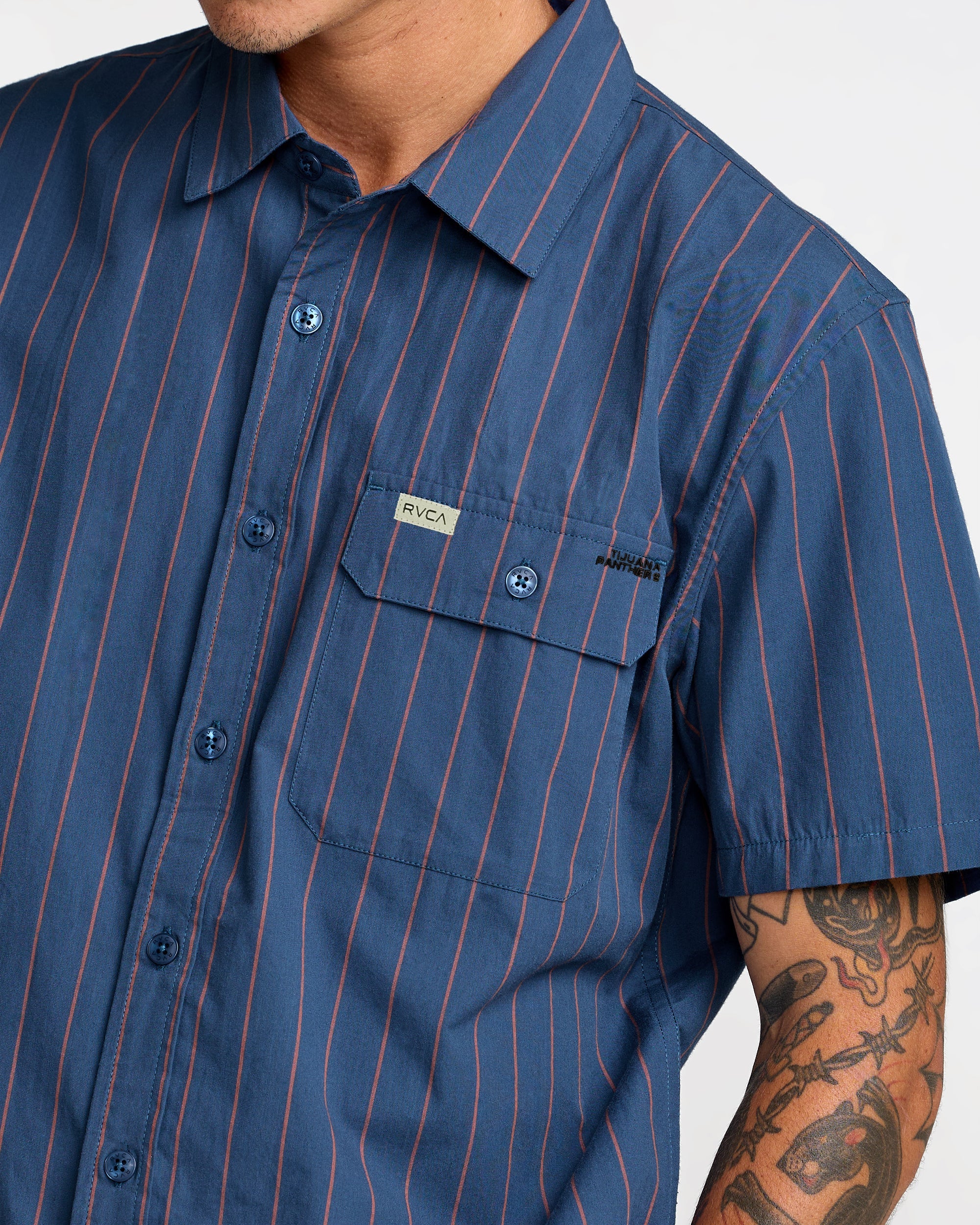 RVCA Men's TJP Dayshift Stripe Short Sleeve Shirt Moody Blue 23A041600-MDY - Image 4